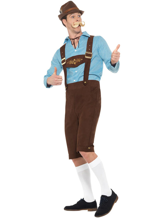 Beer Fest Costume Blue Shirt and Brown Mock Suede Lederhosen 2