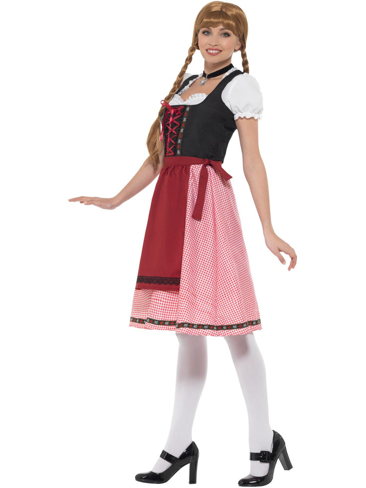 Bavarian Tavern Maid Costume Adult Checkered Red and Black Skirt Dress with Top and Apron 2