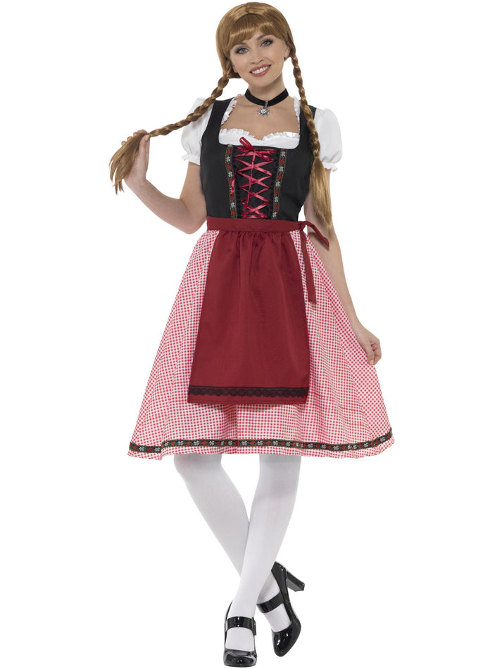Bavarian Tavern Maid Costume Adult Checkered Red and Black Skirt Dress with Top and Apron 1