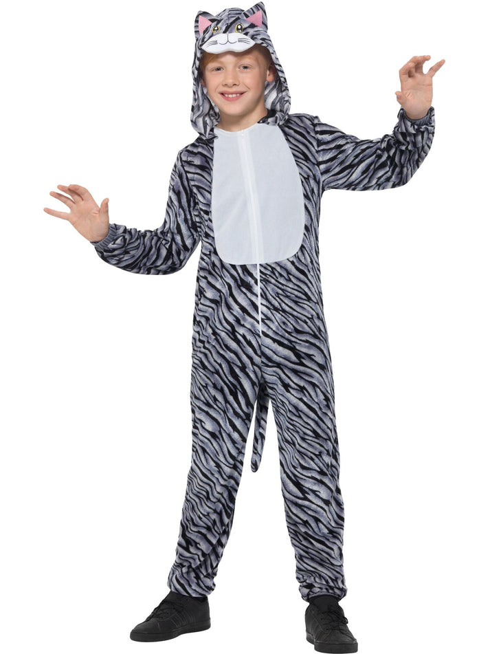Tabby Cat Costume Kids Grey Hooded Jumpsuit 4