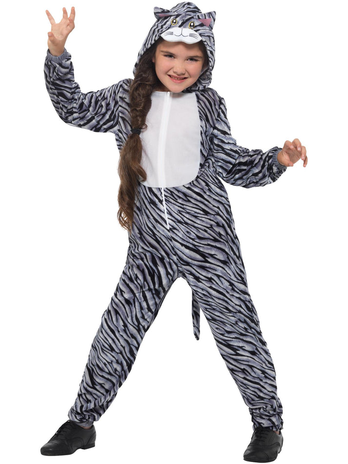 Tabby Cat Costume Kids Grey Hooded Jumpsuit 1