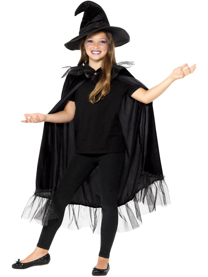 Sparkly Witch Kit Kids Black Sparkly Cloak with Matching Hat 1