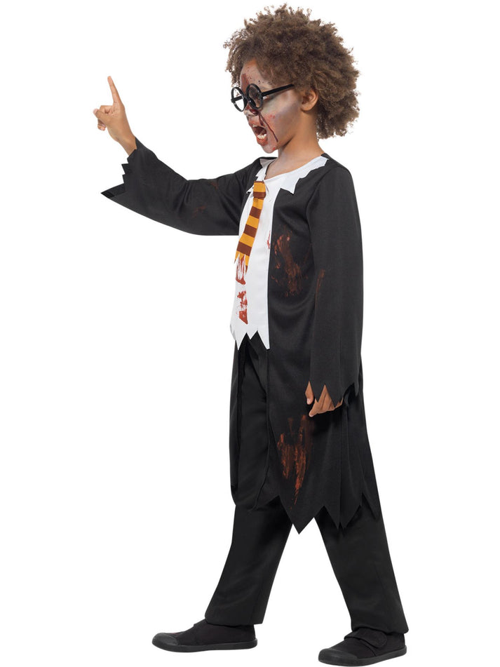 Zombie Student Costume Child Black Robe with Attached Shirt and Tie 3