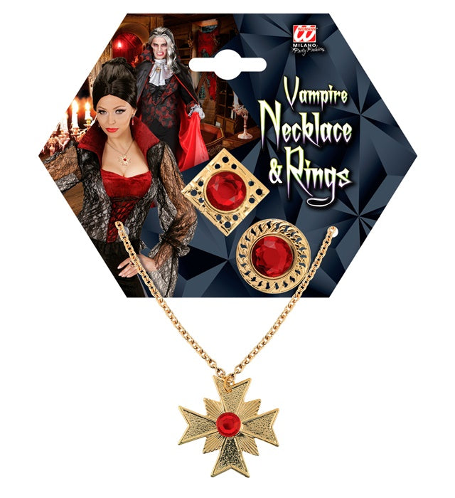 Dracula Set  Necklace With Medallion, 2 Rings 