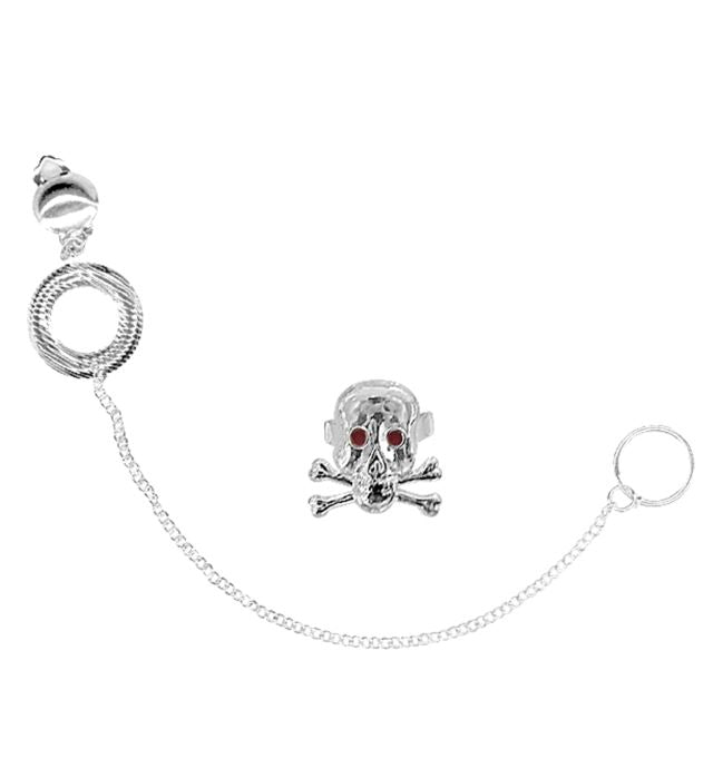 Punk Set  Earring With Ear-To-Nose Chain, Skull Ring 