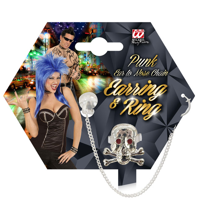Punk Set  Earring With Ear-To-Nose Chain, Skull Ring 