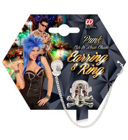 Punk Set  Earring With Ear-To-Nose Chain, Skull Ring 