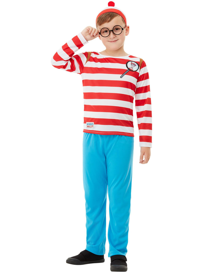 Wheres Wally Deluxe Kids Costume Striped Top Blue Trousers Hat Glasses