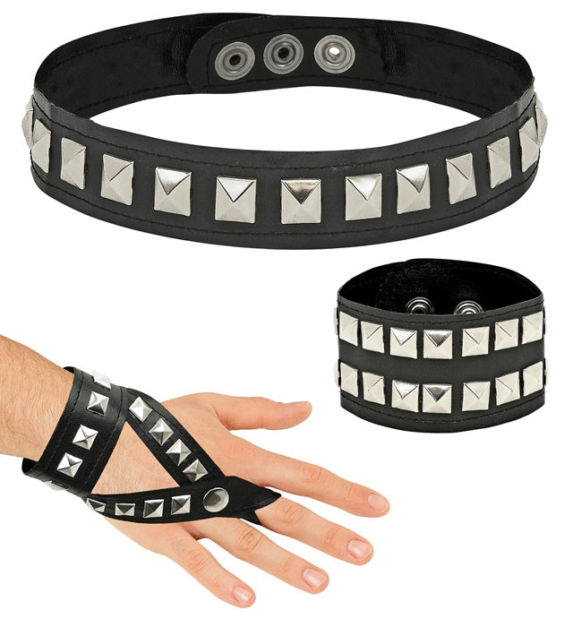 Hard Rock Set Leatherlook  Studded Choker, Bracelet, Fingerglove 