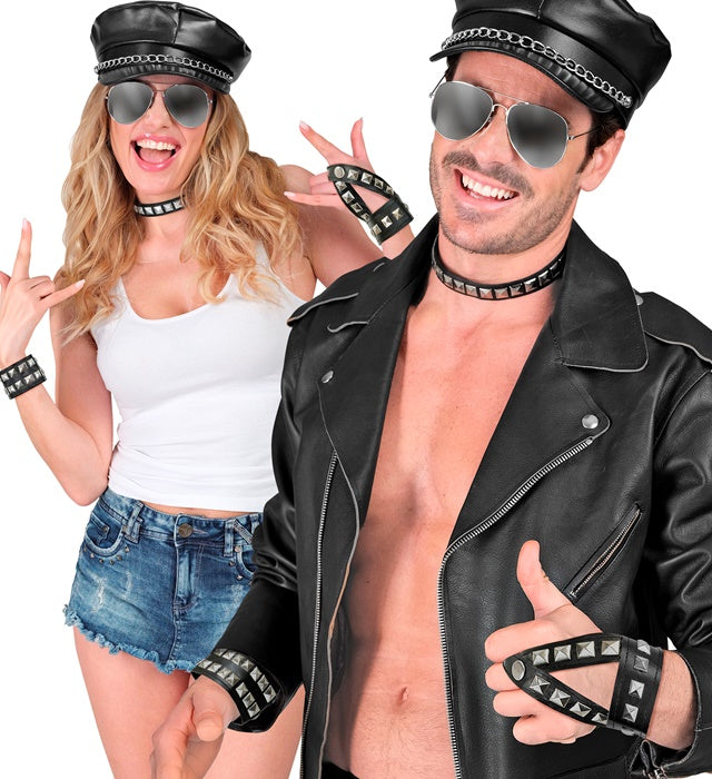 Hard Rock Set Leatherlook  Studded Choker, Bracelet, Fingerglove 