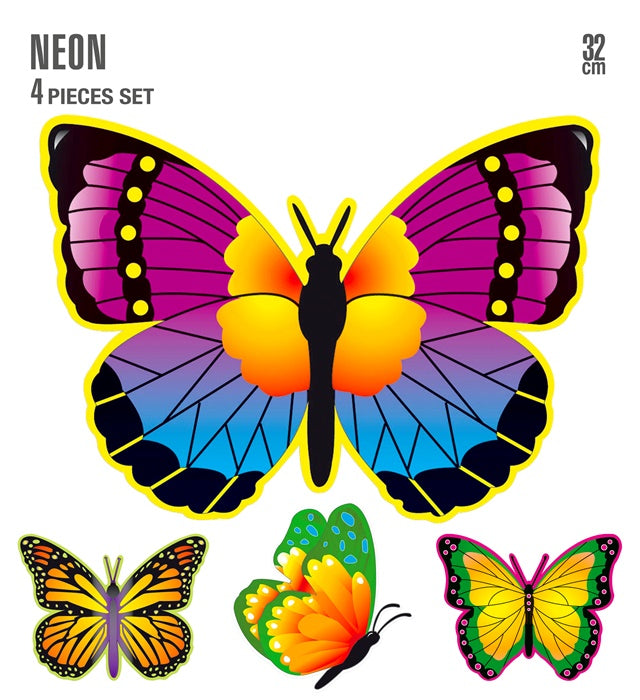 Set Of 4 Neon Butterflies 32 Cm - 4 Styles Ass.