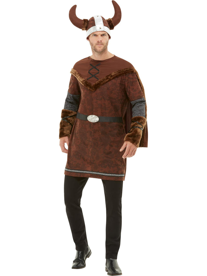 Viking Barbarian Costume Adult Brown Tunic Cape And Helmet