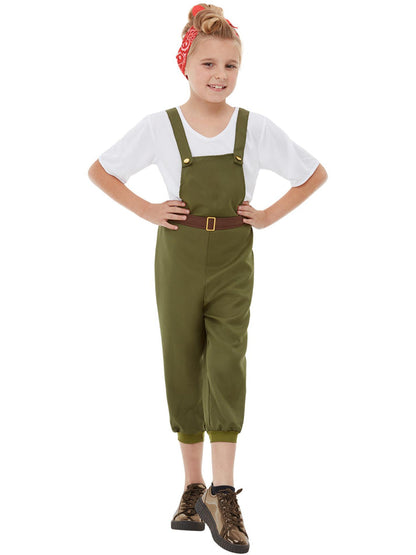 WW2 Little Land Girl Costume Child Green Dungarees Belt White Top Red Headscarf 4