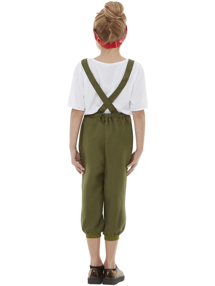 WW2 Little Land Girl Costume Child Green Dungarees Belt White Top Red Headscarf 3
