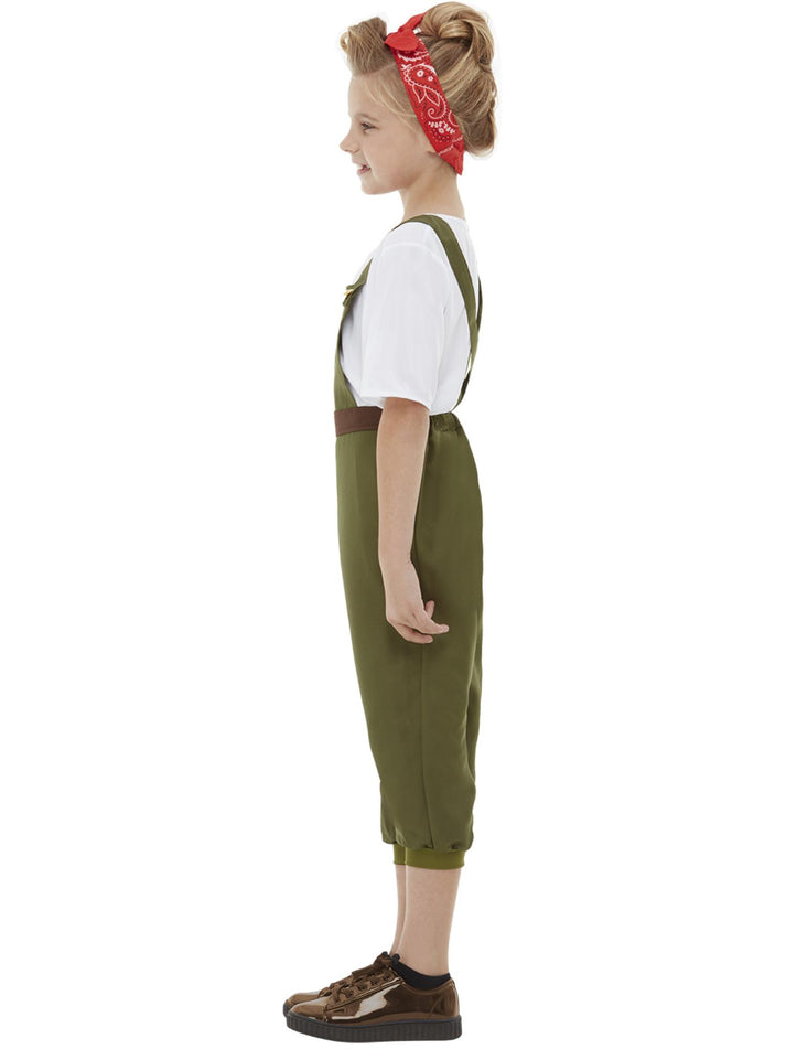 WW2 Little Land Girl Costume Child Green Dungarees Belt White Top Red Headscarf 2