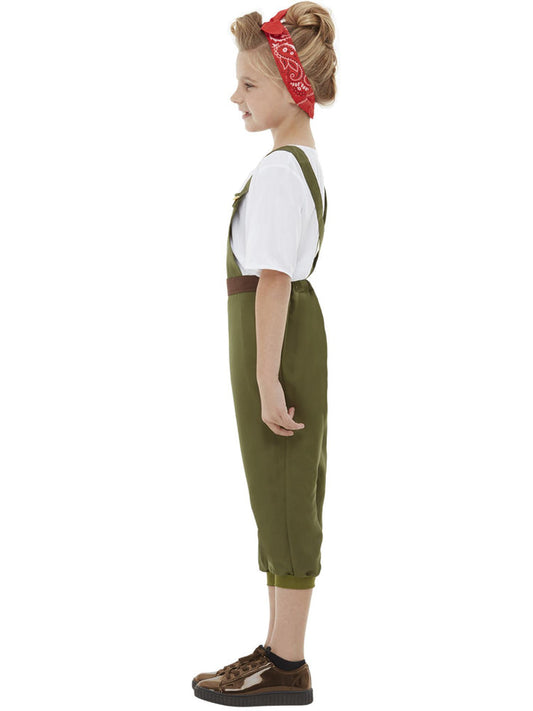 WW2 Little Land Girl Costume Child Green Dungarees Belt White Top Red Headscarf 2