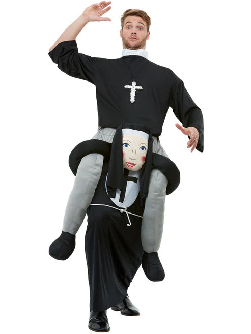 Piggyback Nun Costume Black Suit with Mock Legs 1
