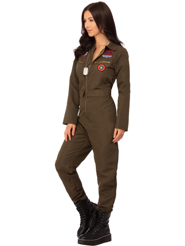 Top Gun Ladies Costume Green Khaki Aviator Flight Suit with Attached Flight Badges and Belt 3
