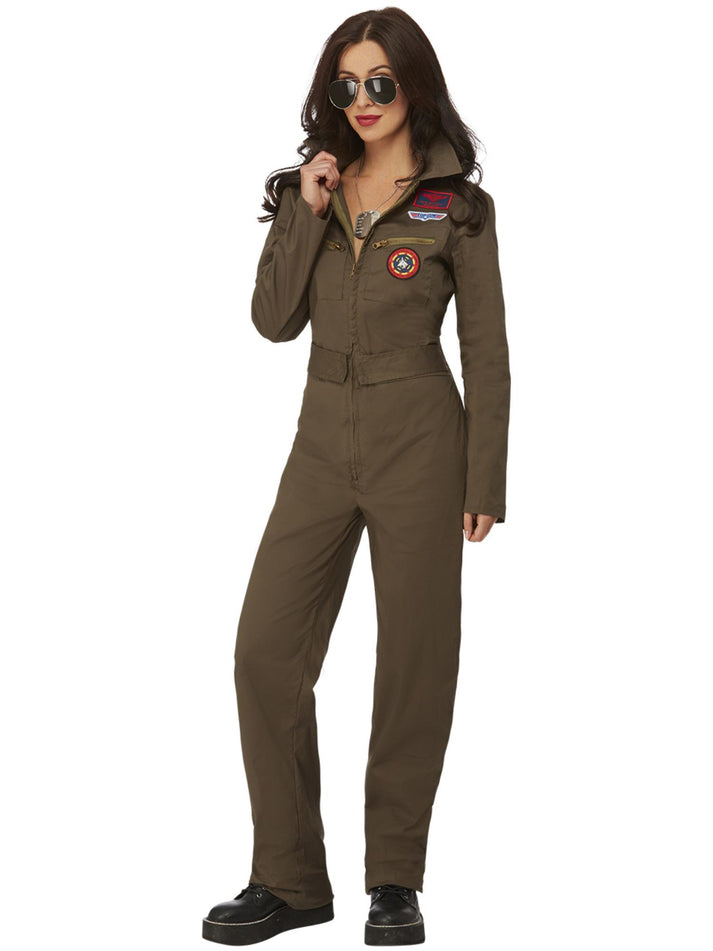 Top Gun Ladies Costume Green Khaki Aviator Flight Suit with Attached Flight Badges and Belt 1