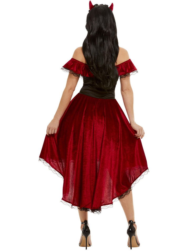 Day Of The Dead Devil Costume Adult Red Dress Black Choker and Devil Horns Headband 3