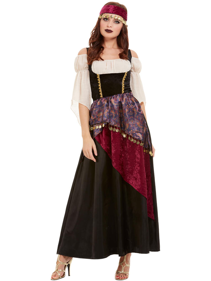 Deluxe Fortune Teller Costume Adult Black Dress With Corset Style Bodice And Attached Cream Mock Shirt 4