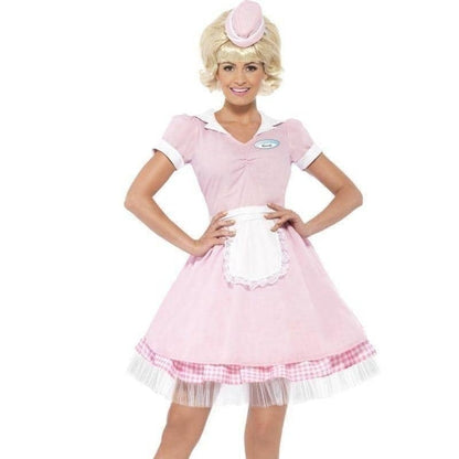 50s Diner Girl Costume Pink Dress Mini Hat 1