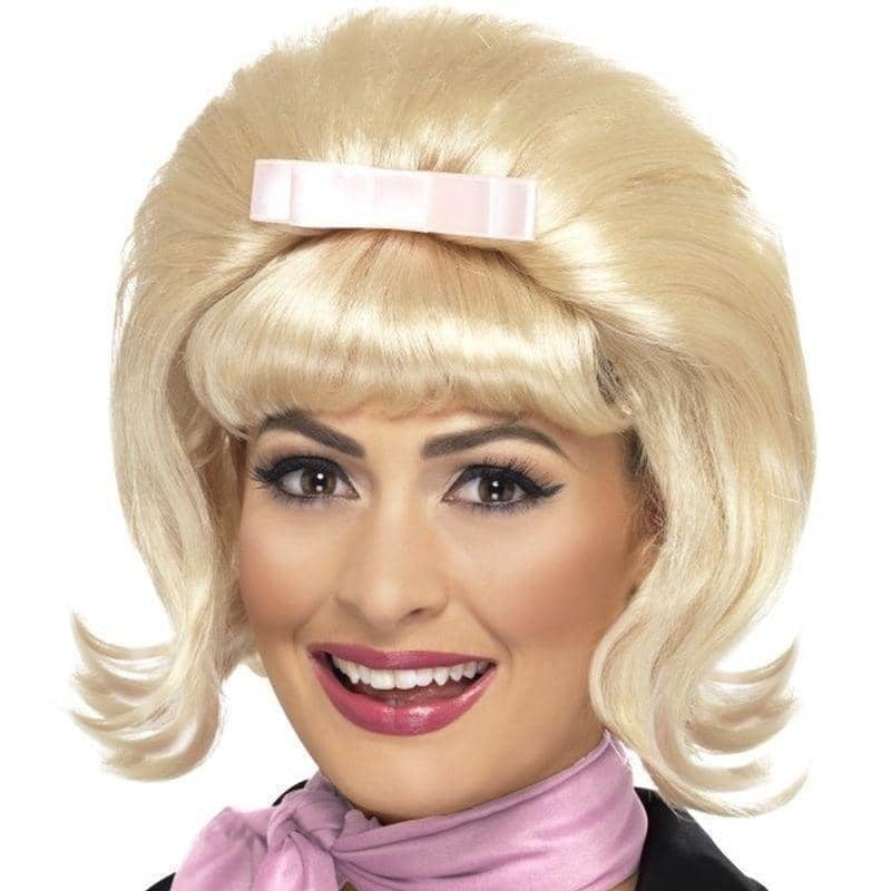50s Flicked Beehive Bob Wig Blonde with Pink Ribbon Bow Adult Costume Accessory 1