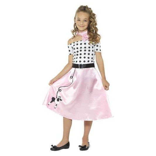 50s Poodle Girl Costume Kids Pink Dress Neck Tie Black Belt 2