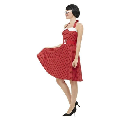 50s Rockabilly Pin Up Costume Adult Halterneck Red Dress with Black Polka Dots 3