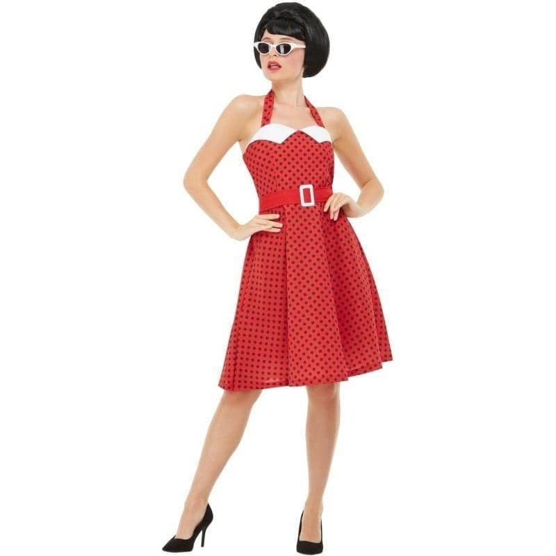 50s Rockabilly Pin Up Costume Adult Halterneck Red Dress with Black Polka Dots 1