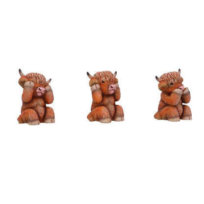 Three Wise Highland Cow Figurines Cows 9.6cm 5