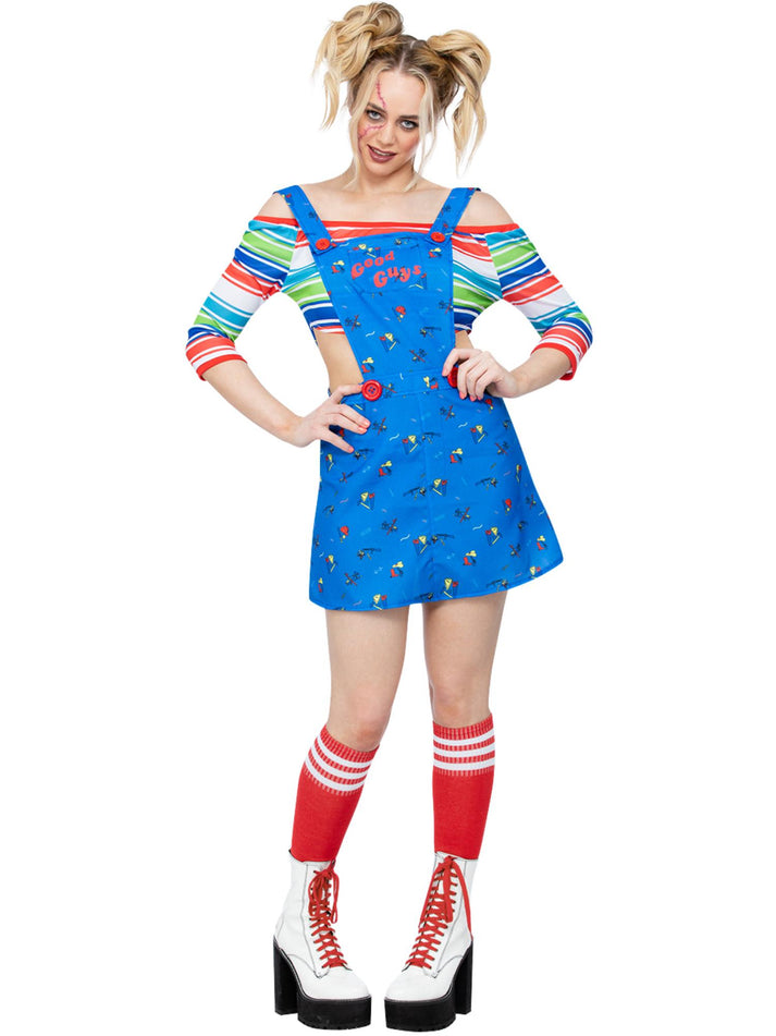 Chucky Costume Ladies Blue Pinafore Mini Dress and Striped Crop Top 2