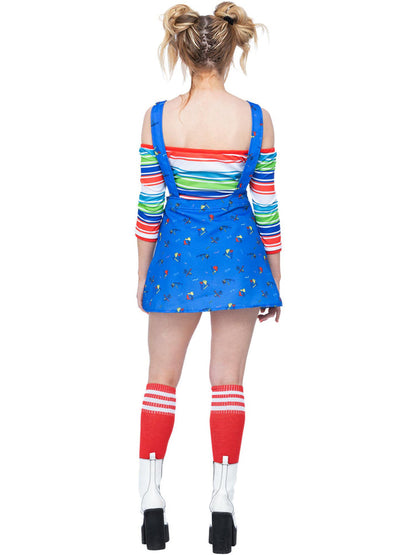 Chucky Costume Ladies Blue Pinafore Mini Dress and Striped Crop Top 4