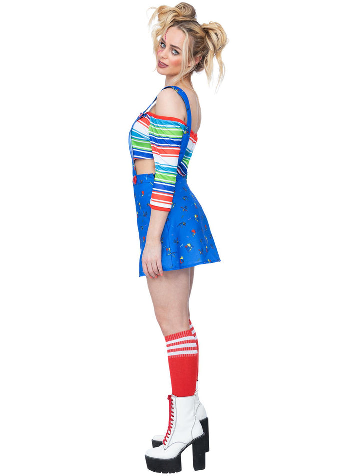 Chucky Costume Ladies Blue Pinafore Mini Dress and Striped Crop Top 3