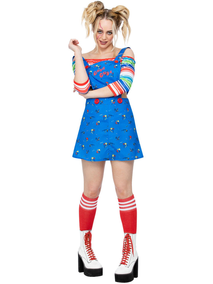 Chucky Costume Ladies Blue Pinafore Mini Dress and Striped Crop Top 1