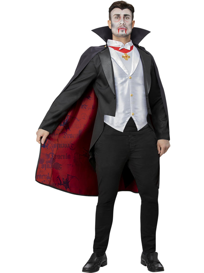 Dracula Costume Adult Black Jacket With Mock Waistcoat And Top Cape Medallion