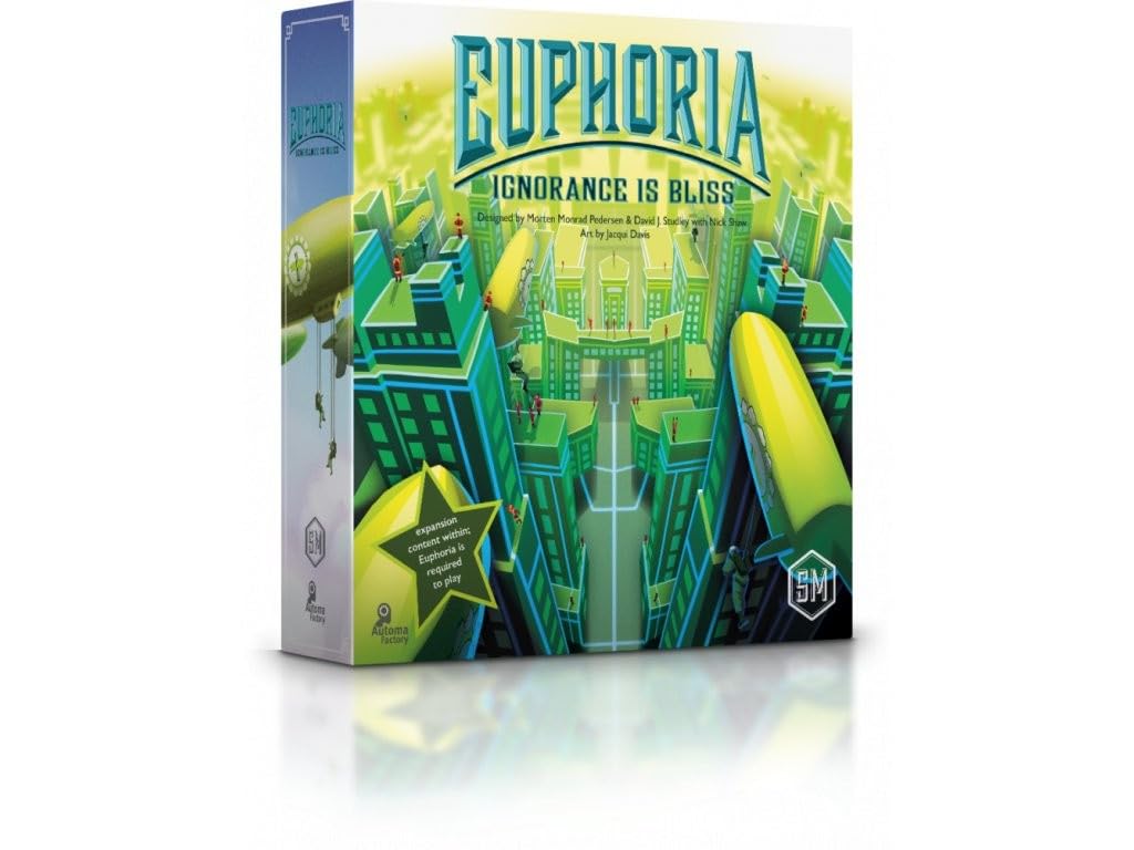 Stonemaier Games: Euphoria: Ignorance is Bliss Expansion | Add to Euphoria: Build a Better Dystopia (Base Game) | New Solo Mode, New Antiques Bazaar & Other Components | 1-6 Players, 60 Mins, Ages 14+