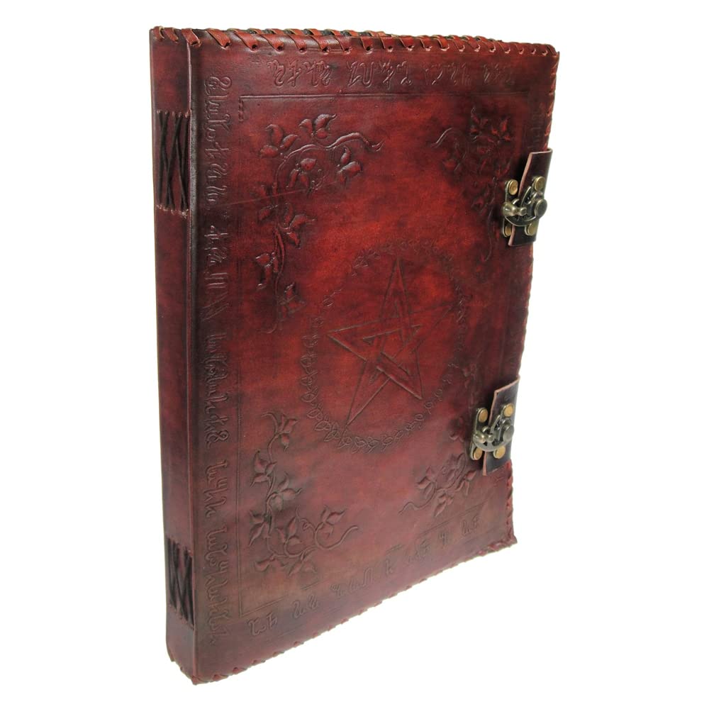 Large Lockable Red Leather Book of Shadow with Embossed Floral Pentagram 35cm 2