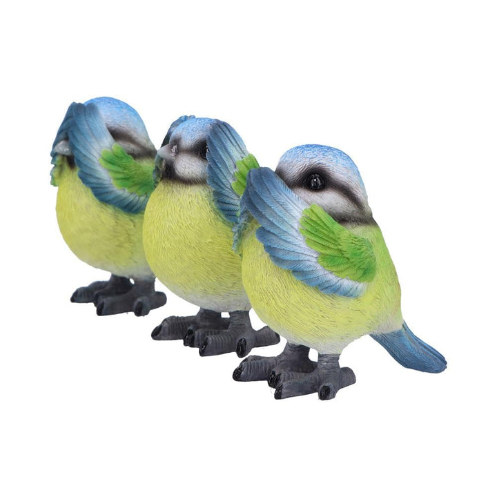 Three Wise Blue Tit Figurines in See no Hear Speak Evil Poses 8cm