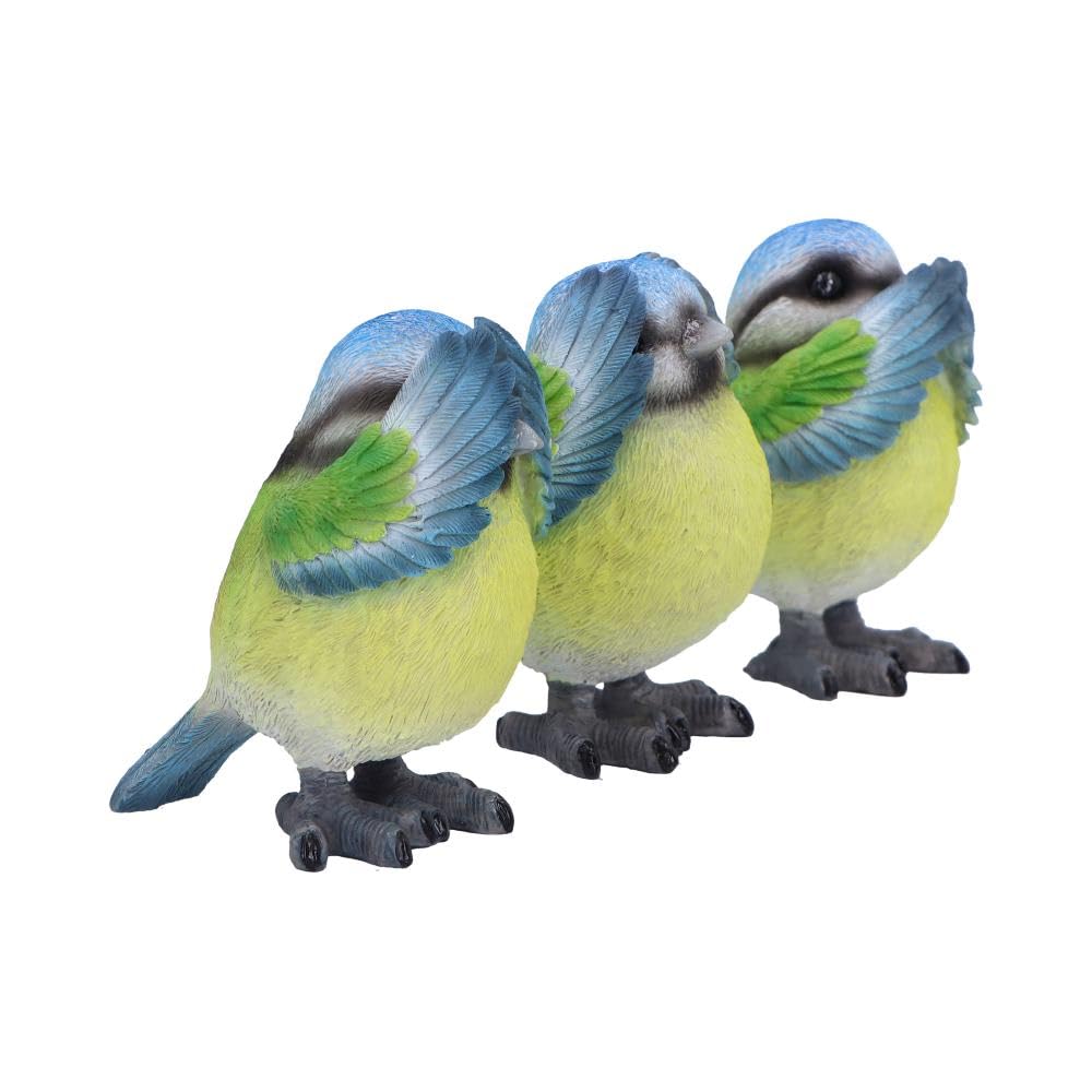 Three Wise Blue Tit Figurines in See no Hear Speak Evil Poses 8cm
