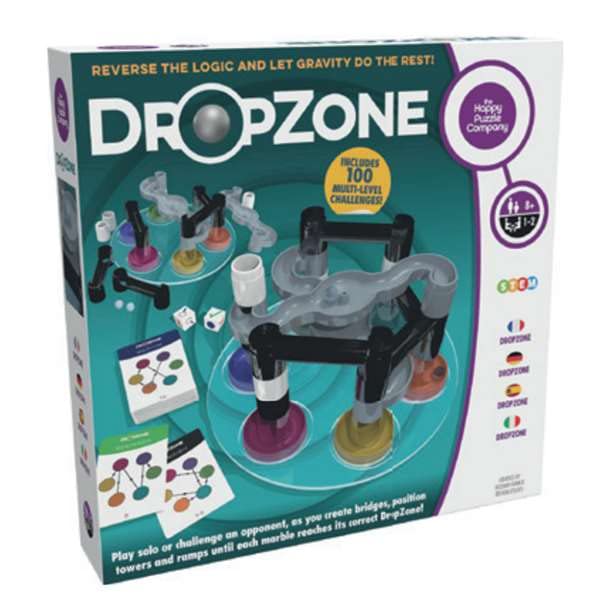 The Happy Puzzle Company DROPZONE - Reverse the Logic and Let Gravity Do the Rest! - Play Solo or Beat an Opponent in 100 Fun Multi-Challenge Levels - Ages 8+ 1