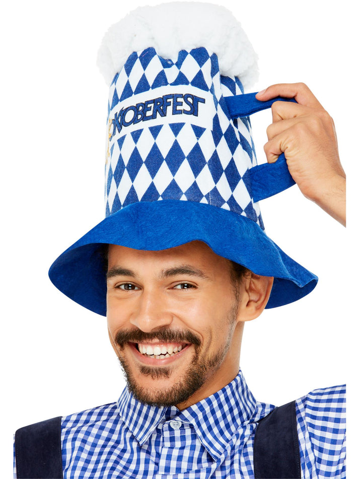Oktoberfest Beer Hat Blue and White Chequered with Handle Adult Costume Accessory 2