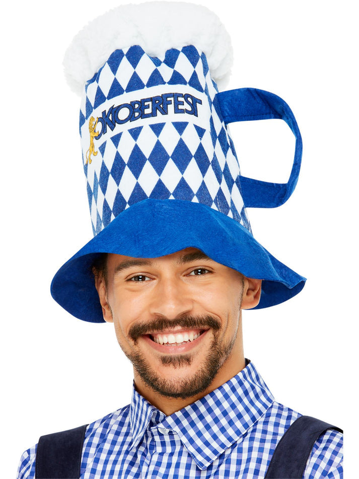 Oktoberfest Beer Hat Blue and White Chequered with Handle Adult Costume Accessory 1