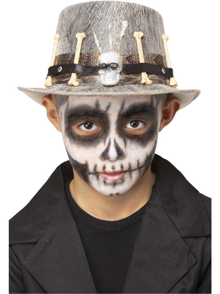 Kids Grey Voodoo Distressed Top Hat with Skull and Bones Detail Costume Accessory