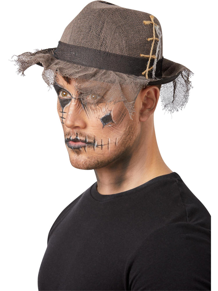 Gothic Distressed Linen Style Trilby Hat Grey Adult Horror Costume Accessory 1