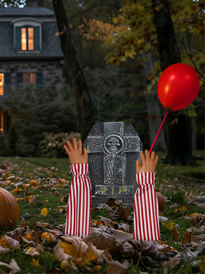 Horror Clown Lawn Prop Arm Stakes Headstone Balloon Halloween Party Accessory