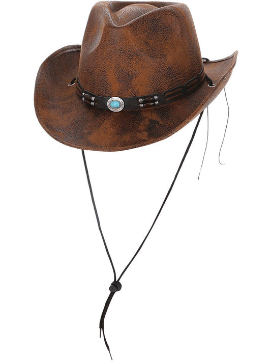 Tan Leather Look Western Cowboy Hat with Turquoise Motif Band Adult Costume Accessory 2