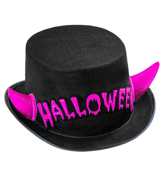 Top Hat Halloween Felt With Pink Reflective Horns 11 Cm 
