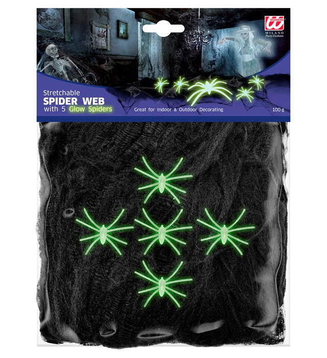 100 G Black Spiderweb With 5 Glow In The Dark Spiders