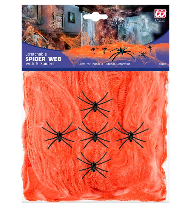 100 G Orange Spiderweb With 5 Spiders